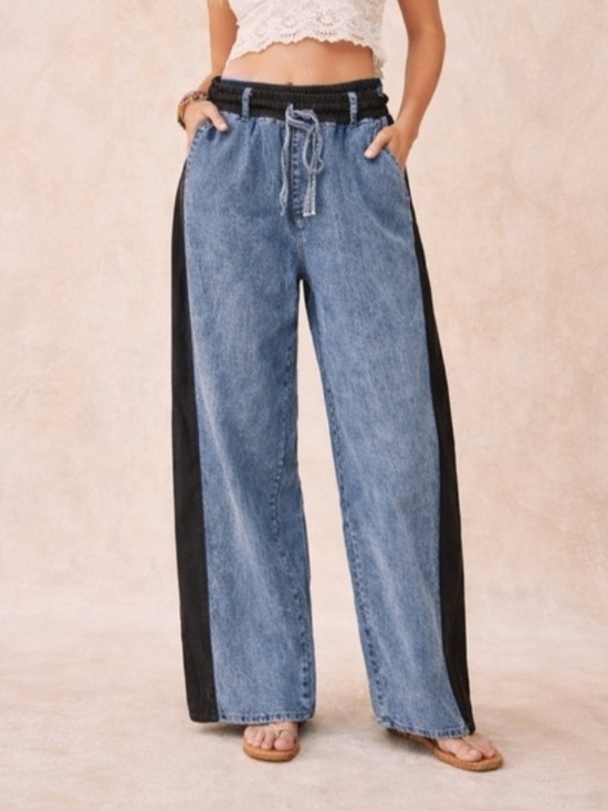Boutique 9 Denim - NEW Elastic Waist Contrast-Panel Wide Leg Jeans Blue Denim Knit Black Size Large